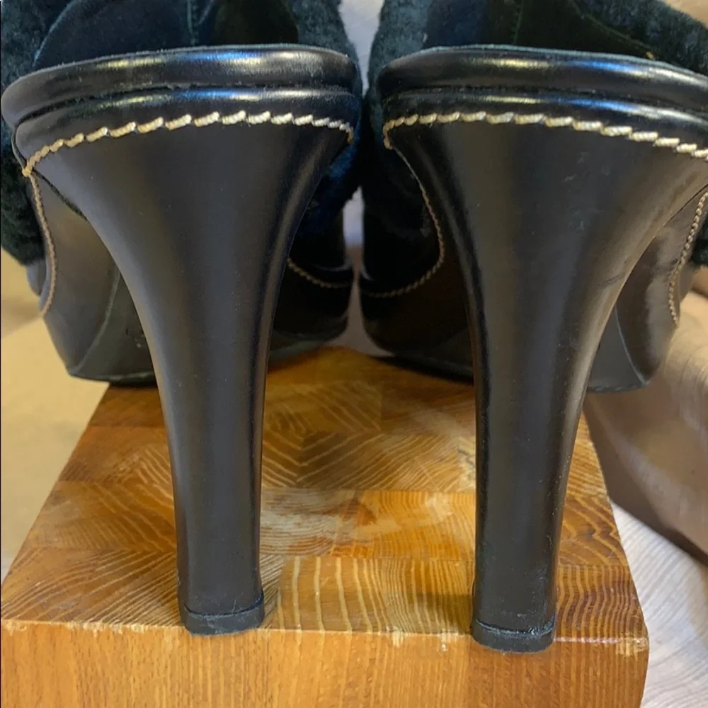 Coach leather furry heeled mules super comfortable